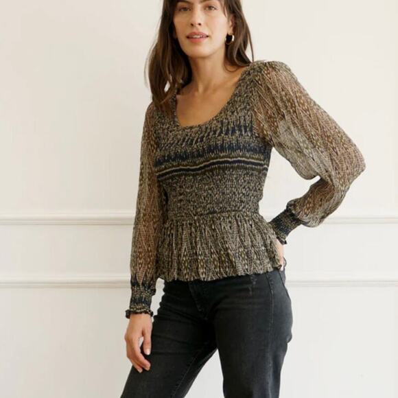 Paneros Stella Top in Olive Ikat - Smocked Bodice - Long Sleeve - Size M - Picture 2 of 7